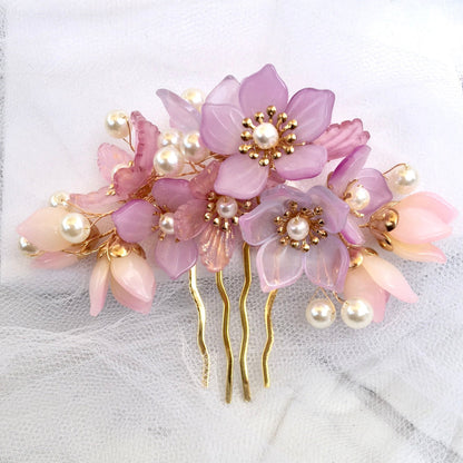 Amery - Pink Pearl and Glass Flowers Bridal Hair Comb
