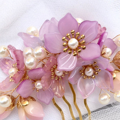 Amery - Pink Pearl and Glass Flowers Bridal Hair Comb
