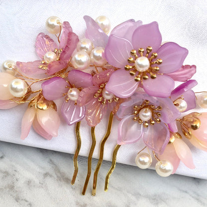 Amery - Pink Pearl and Glass Flowers Bridal Hair Comb
