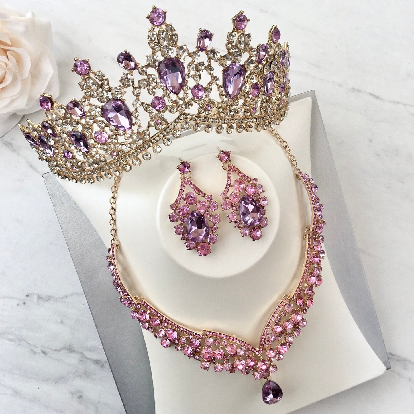 Kori - Purple Crystal 3-Piece Bridal Jewelry Set With Tiara - Available in Silver and Gold