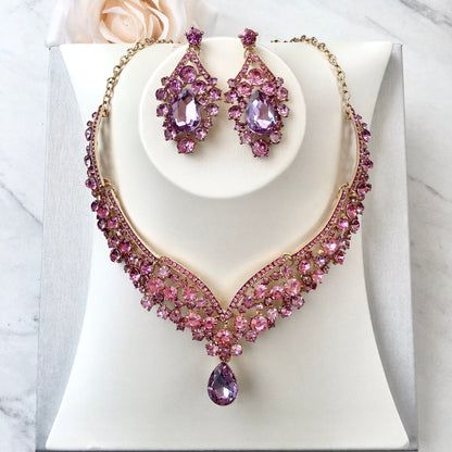Kori - Purple Crystal 3-Piece Bridal Jewelry Set With Tiara - Available in Silver and Gold