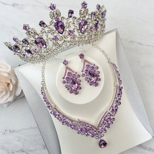 Kori - Purple Crystal 3-Piece Bridal Jewelry Set With Tiara - Available in Silver and Gold