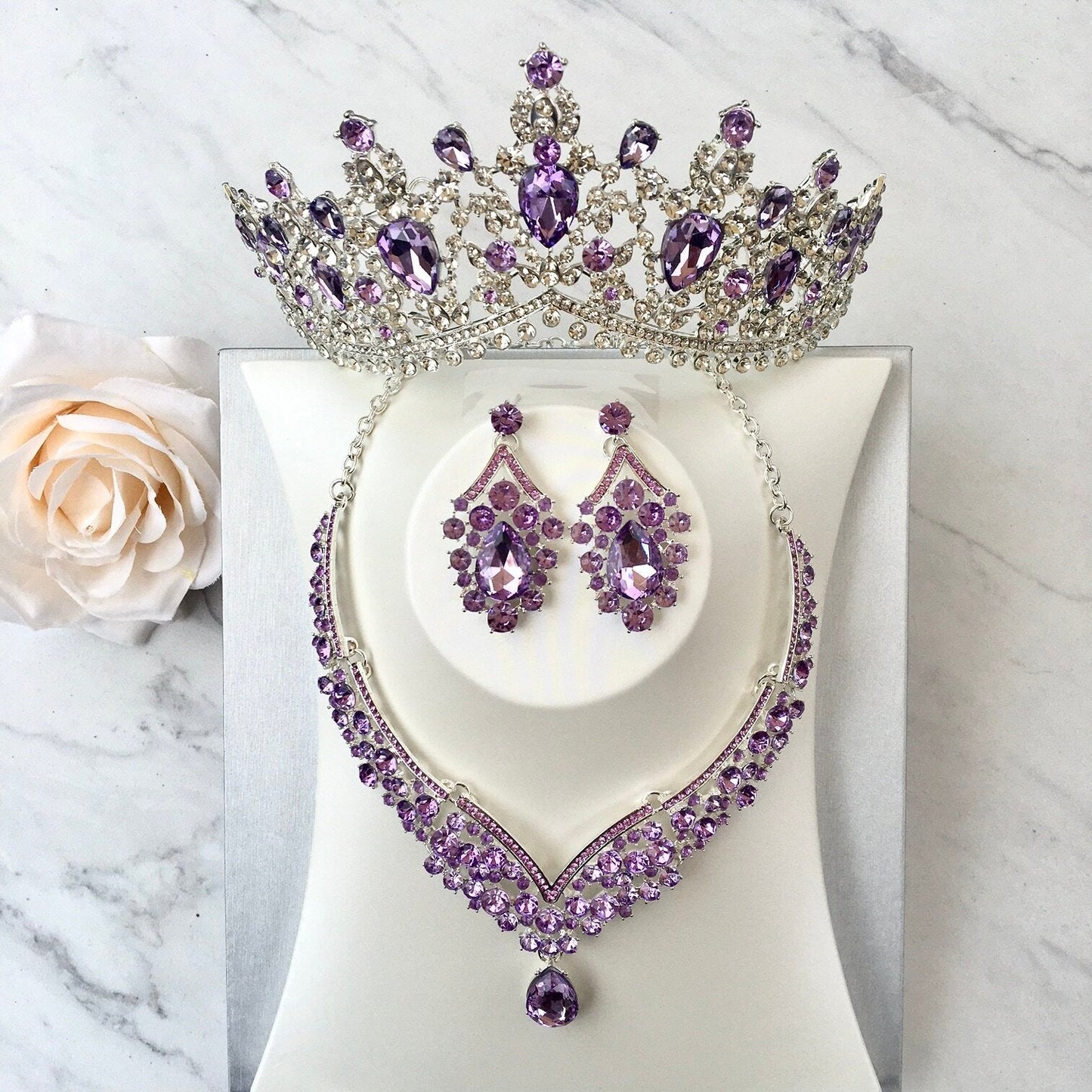 Kori - Purple Crystal 3-Piece Bridal Jewelry Set With Tiara - Available in Silver and Gold