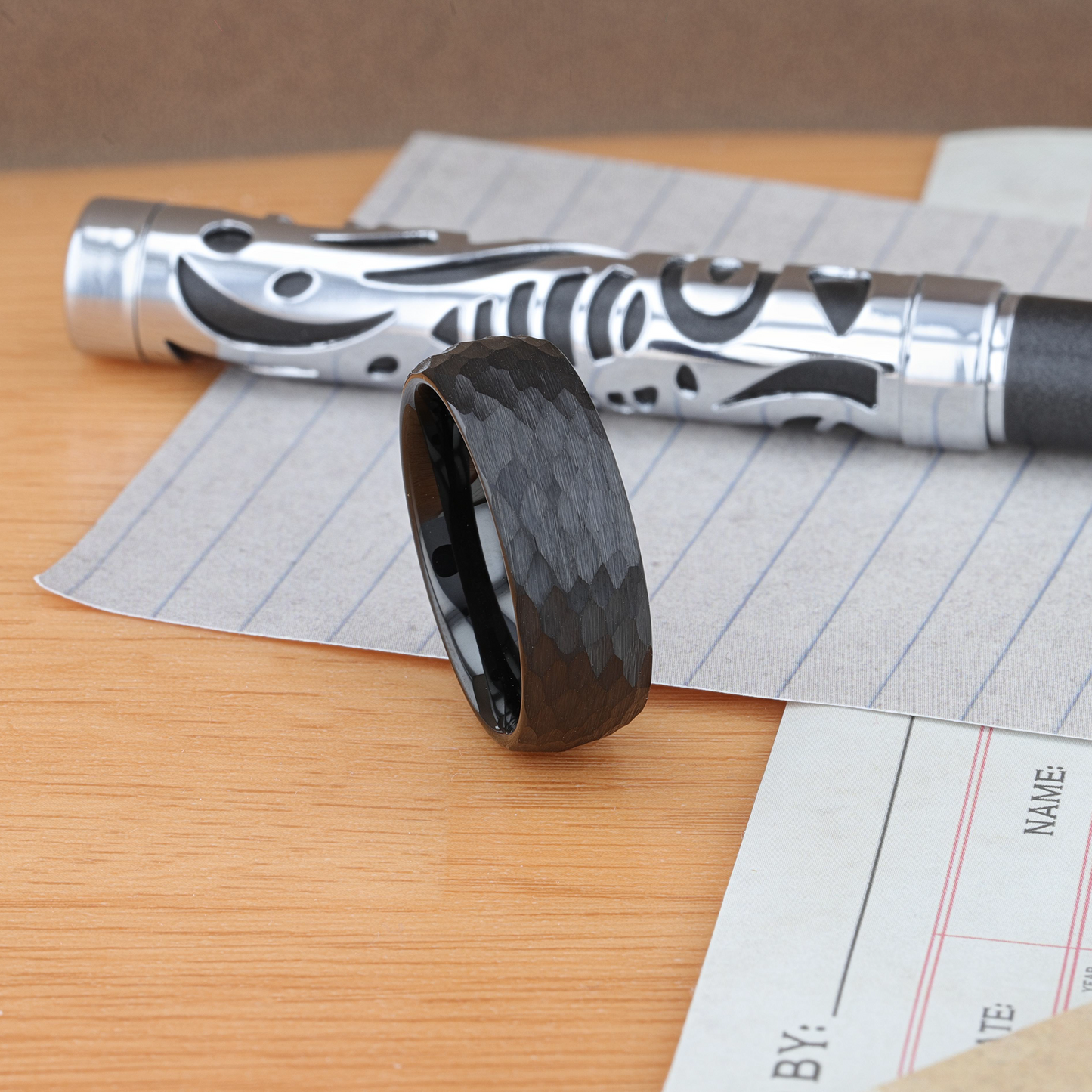 RENEGADE Domed Hammer Finish Black Tungsten Carbide Wedding Band with Brushed Finish - 6mm or 8mm