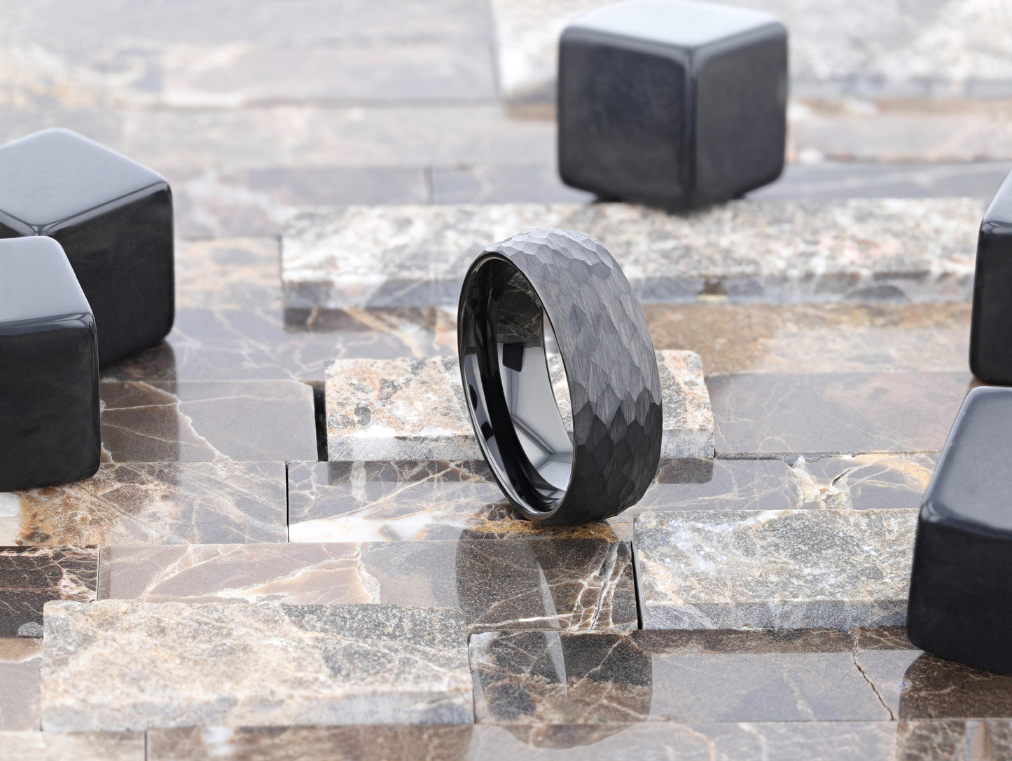 RENEGADE Domed Hammer Finish Black Tungsten Carbide Wedding Band with Brushed Finish - 6mm or 8mm