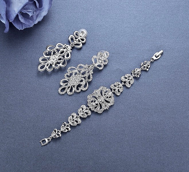 "Wynona" - Rhinestone Bridal Bracelet and Earrings Set - Available in Silver and Gold