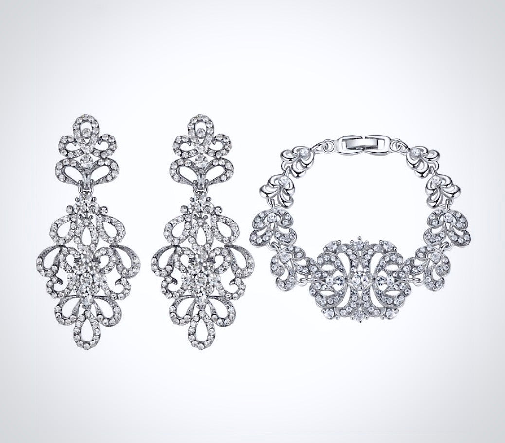 "Wynona" - Rhinestone Bridal Bracelet and Earrings Set - Available in Silver and Gold