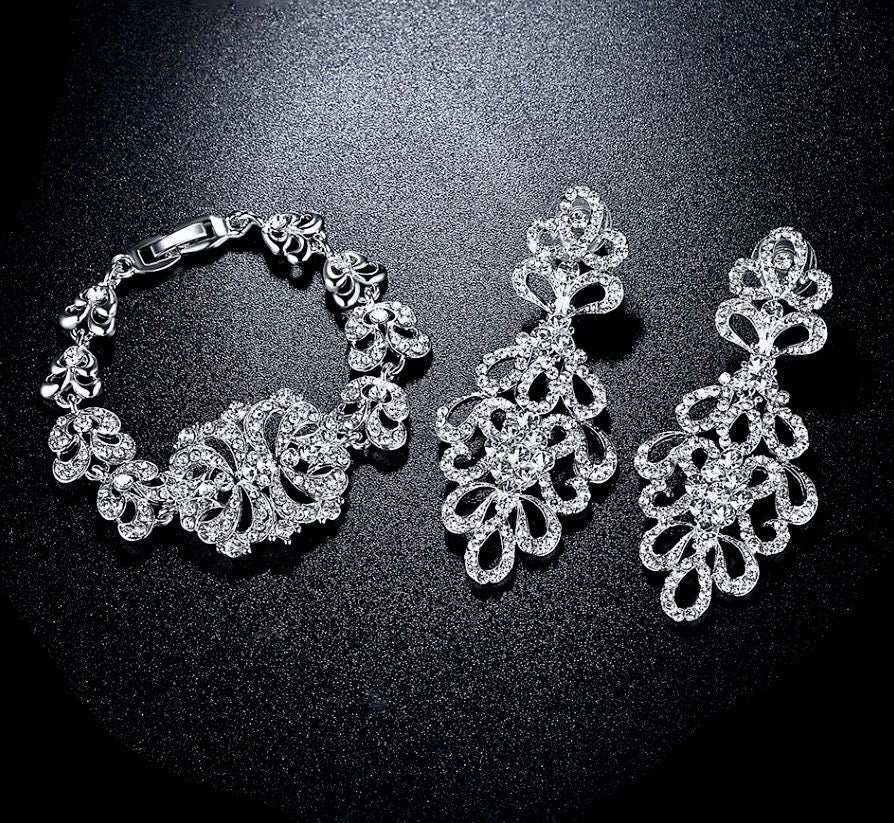 "Wynona" - Rhinestone Bridal Bracelet and Earrings Set - Available in Silver and Gold