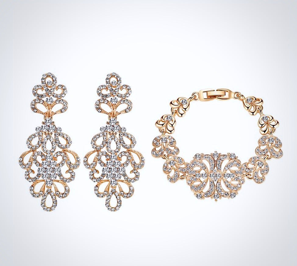 "Wynona" - Rhinestone Bridal Bracelet and Earrings Set - Available in Silver and Gold