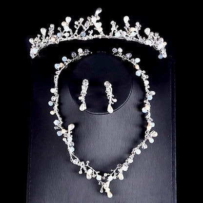 "The Fairy" - Pearl and Cubic Zirconia Bridal 3-Piece Jewelry Set With Tiara - Available in Yellow Gold and Silver