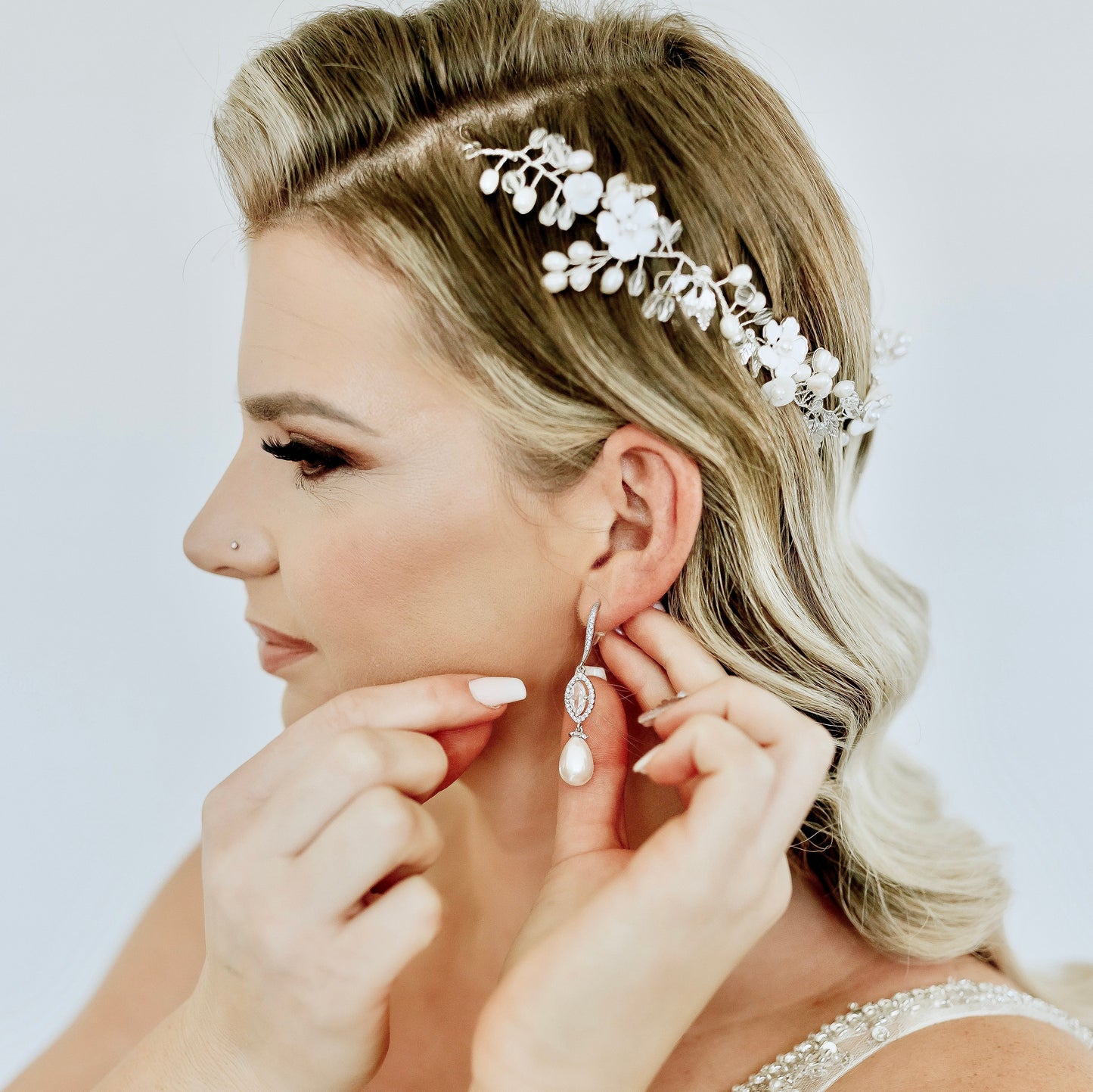 Andiana - Freshwater Pearl and Crystal Bridal Headband / Vine - Available in Silver and Yellow Gold