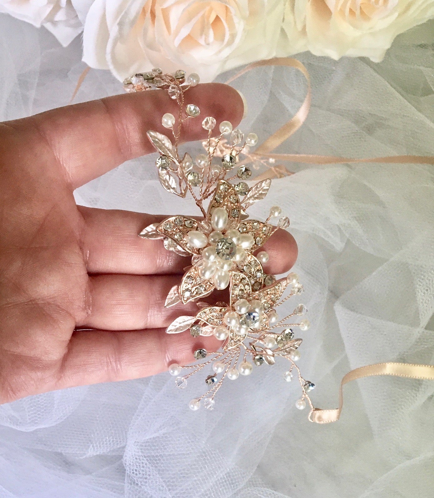 "Ellysia" - Pearl and Crystal Bridal Headband - Available in Silver, Rose Gold and Yellow Gold