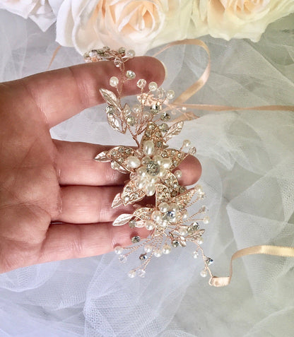 "Ellysia" - Pearl and Crystal Bridal Headband - Available in Silver, Rose Gold and Yellow Gold
