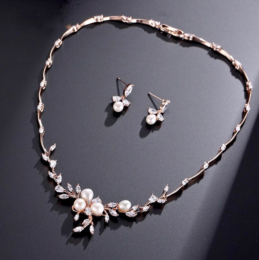 Anna - Freshwater Pearl and Cubic Zirconia Bridal Jewelry Set - Available in Silver, Rose Gold and Yellow Gold