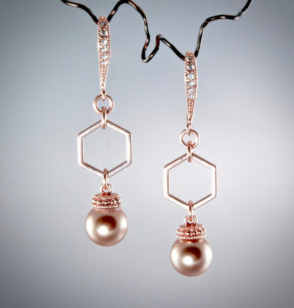 "Madeline" - Rose Gold Pearl Geometric Bridal Necklace and Earrings Set