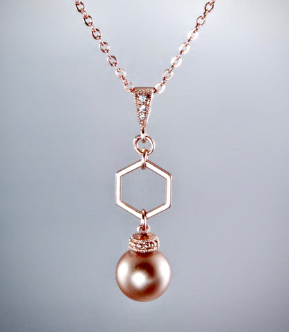 "Madeline" - Rose Gold Pearl Geometric Bridal Necklace and Earrings Set