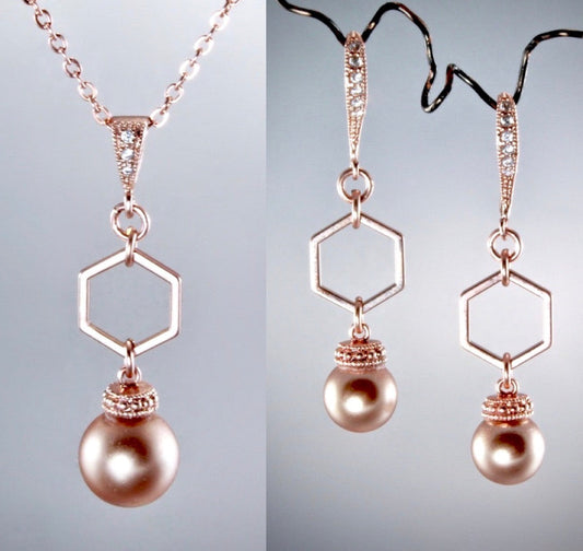 "Madeline" - Rose Gold Pearl Geometric Bridal Necklace and Earrings Set