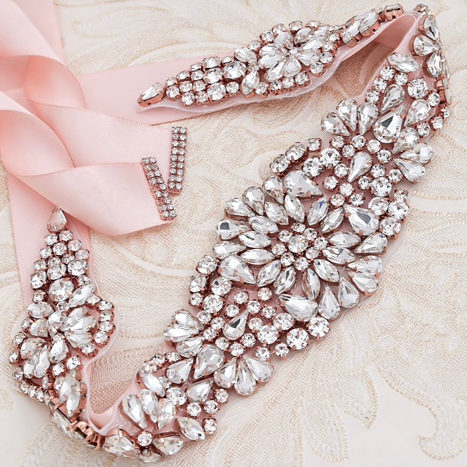 Lilian - Rose Gold Crystal Bridal Belt/Sash
