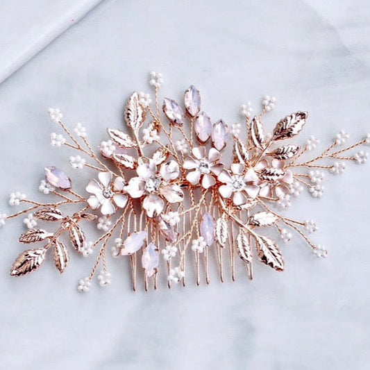 Gracelynn - Rose Gold Swarovski Pearl and Opal Bridal Hair Comb
