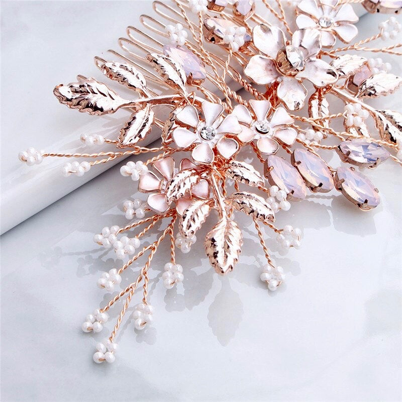 Gracelynn - Rose Gold Swarovski Pearl and Opal Bridal Hair Comb