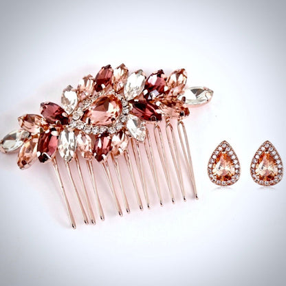 "Rosenna" - Rose Gold Bridal Hair Comb With Matching Earrings
