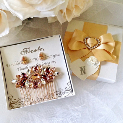 "Rosenna" - Rose Gold Bridal Hair Comb With Matching Earrings