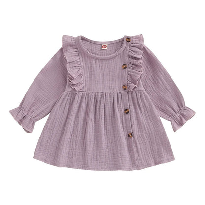 Baby Toddler Girls Autumn A-line Princess Poof Long Sleeve Crewneck Solid Color Button Dress