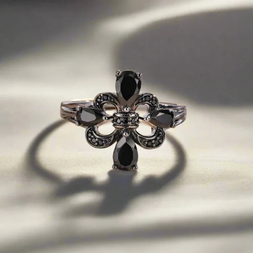 Pear-Cut Natural Black Spinel Gothic Ring