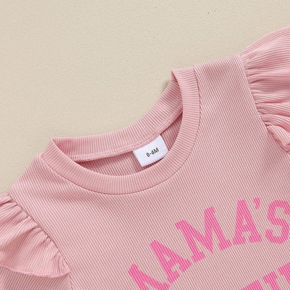 Baby Toddler Girls 2Pcs Mama's Bestie Flying Sleeve Letter Print Short Sleeve Top Flared Bellbottom Long Pants Set Outfit