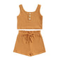 Baby Toddler Girls 2Pcs Summer Outfit Solid Button Tank Top and Ribbed Drawstring Shorts