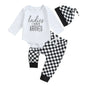 Baby Boy 3Pcs Fall Outfit New To The Crew / Hi I'm New Here / Ladies I Have Arrived Letter Print Long Sleeve Romper and Elastic Checker Pants Beanie Hat Set