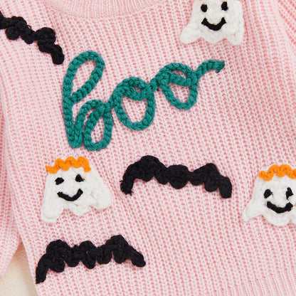 Baby Toddler Girls Halloween Sweater Long Sleeve Round Neck Letter Boo Ghost Embroidery Knit Pullover Top