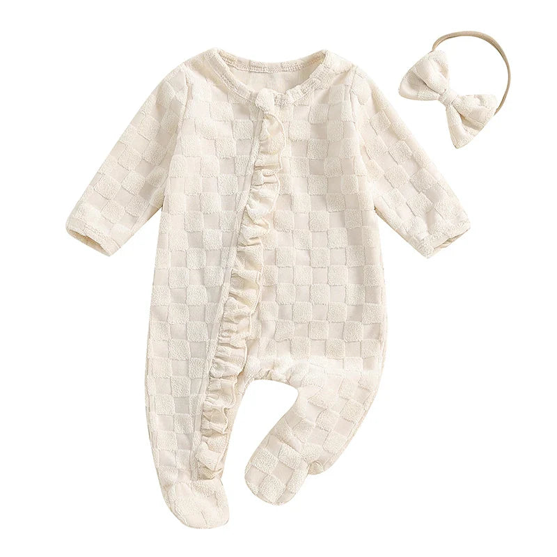 Baby Girls 2Pcs Outfit Frill Trim Long Sleeve Footed Jumpsuit Bow Headband Fall Set