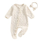 Baby Girls 2Pcs Outfit Frill Trim Long Sleeve Footed Jumpsuit Bow Headband Fall Set