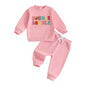 Baby Toddler Girls 2Pcs Thanksgiving Outfit Long Sleeve Turkey Gobble Embroidery Top + Pants Jogger Set Clothes