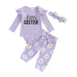 Baby Girls 3Pcs Little Sister Fall Outfit Letter Print Long Sleeve Romper with Daisy Flower Pattern Pants and Headband Set