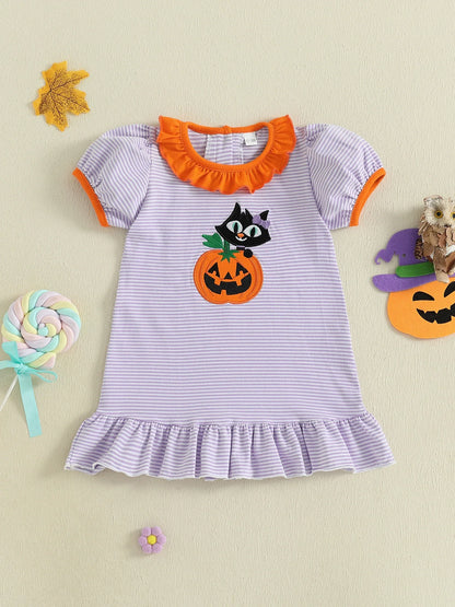 Baby Toddler Kids Girl Halloween Striped Dress Pumpkin Black Cat Embroidered Short Sleeve Ruffled Dress Cute Fall Clothes