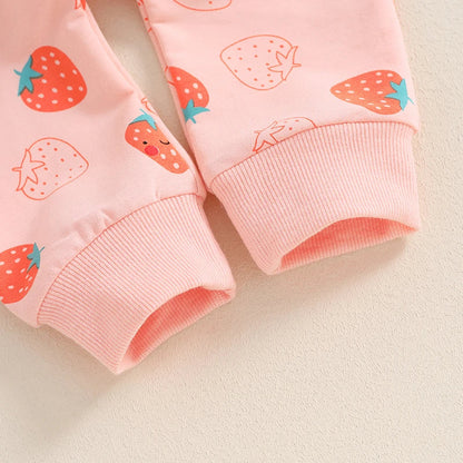 Baby Toddler Girls 2Pcs Fall Strawberry Print Outfit Long Sleeve Top Elastic Waist Pants with Pockets Set