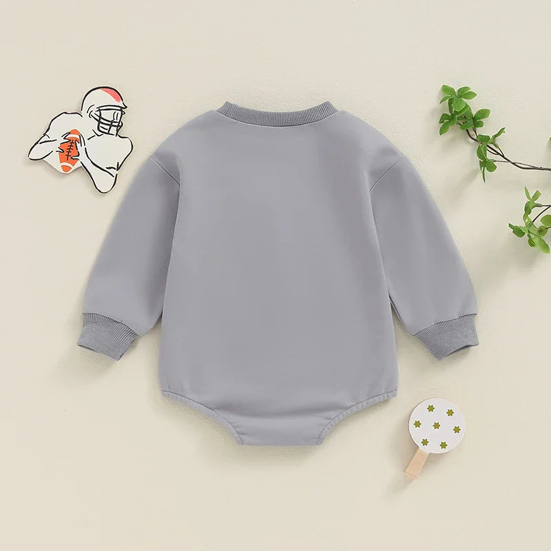 Baby Boys Girls Game Day Fall Bodysuit Letter Football Embroidery Long Sleeve Round Neck Jumpsuit Romper