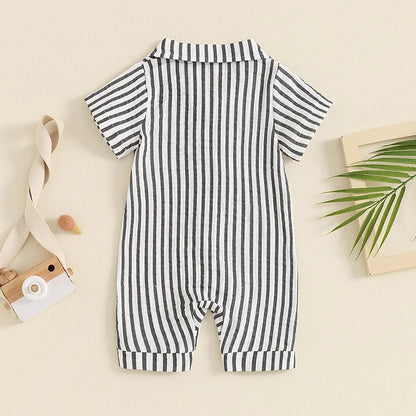 Baby Boy Striped Romper Short Sleeve Front Pocket Single-breasted Button Collar Legs Jumpsuit