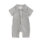 Baby Boy Striped Romper Short Sleeve Front Pocket Single-breasted Button Collar Legs Jumpsuit