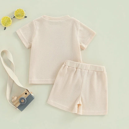 Baby Toddler Boy 2Pcs Mama's Boy Letter Embroidery Short Sleeve Top Matching Shorts Set Waffle Outfit