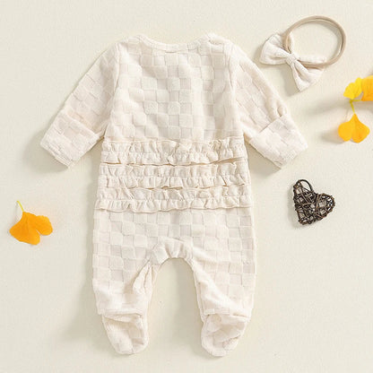 Baby Girls 2Pcs Outfit Frill Trim Long Sleeve Footed Jumpsuit Bow Headband Fall Set