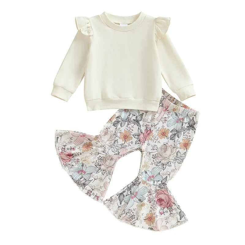 Baby Toddler Girls 2Pcs Outfit Fly Long Sleeve Round Neck Top Floral Flower / Butterfly / Strawberry Print Flared Pants Set