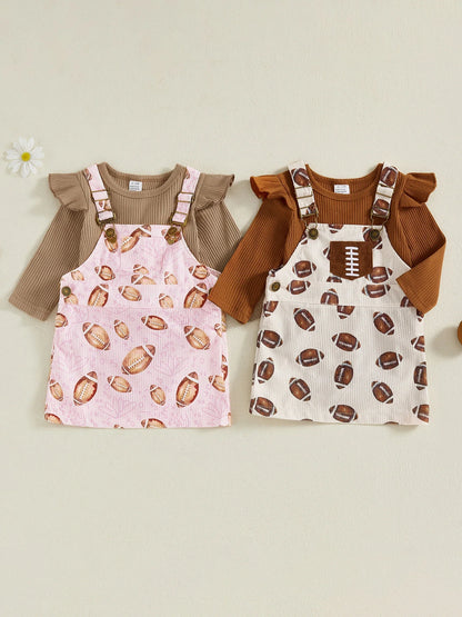 Baby Toddler Girls 2Pcs Fall Outfit Long Sleeve Romper + Football Print Overall Dress Set Clothes