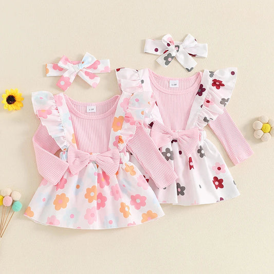 Baby Girls 3Pcs Fall Outfit Long Sleeve Ribbed Romper + Bow Suspender Flower Print Skirt + Headband Set