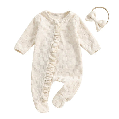 Baby Girls 2Pcs Outfit Frill Trim Long Sleeve Footed Jumpsuit Bow Headband Fall Set
