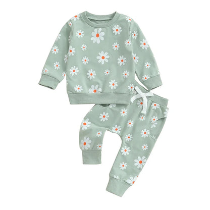 Toddler Kids Girls 2Pcs Fall Outfit Flower Daisy Print Long Sleeve Crewneck Top Elastic Waist Pants with Pockets Set