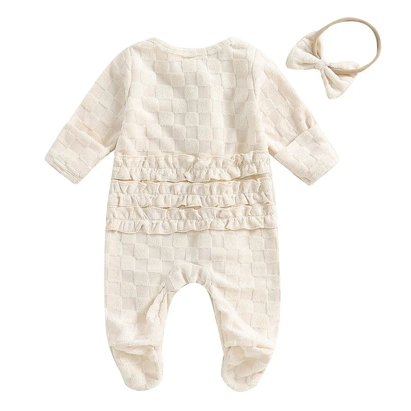 Baby Girls 2Pcs Outfit Frill Trim Long Sleeve Footed Jumpsuit Bow Headband Fall Set