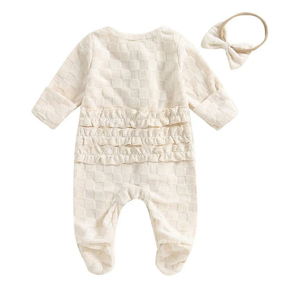 Baby Girls 2Pcs Outfit Frill Trim Long Sleeve Footed Jumpsuit Bow Headband Fall Set